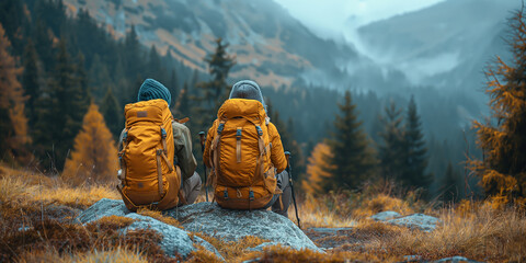 Two tourist hiking in the moutain with heavy backpack, adventure concept summer vacations outdoor,