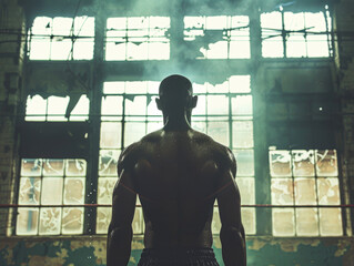 a boxer's silhouette against the backdrop of a stark, industrial-style gym, emphasizing the raw, primal energy of the fight.