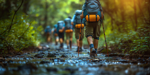 Fototapeta premium back shot of people hiking in the forest,