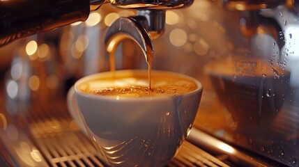 Making coffee in a coffee machine close-up. The finished coffee slowly flows into a white cup. Traces of steam on the coffee machine indicate a hot drink.