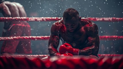 Photo of a boxer sitting in the corner of the ring after a defeat, with sweat and blood visible and the opponent celebrating in the background.