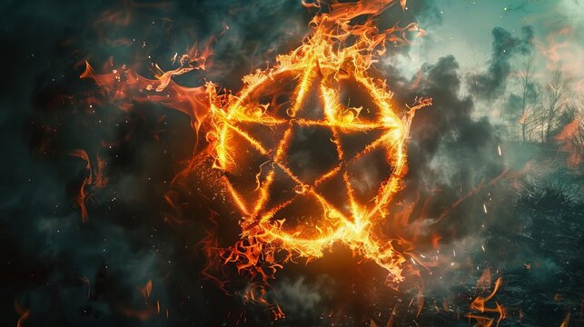 fiery pentagram symbol engulfed in flames and smoke dark fantasy horror concept occult witchcraft digital art illustration