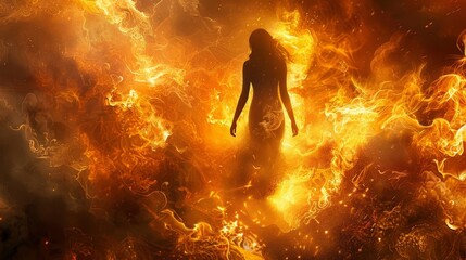 fiery woman walking through flames embodying inspiration spirituality and enlightenment powerful energy and vitality