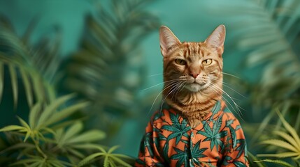 Surreal Tabby Cat in Marijuana Reggae Outfit with Cannabis Herb on Green Background