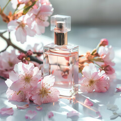 Perfume bottle with background of cherry blossoms generated.AI