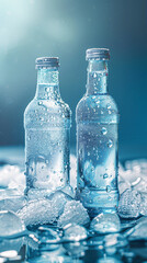 a frosty scene with a blue-tinted bottle and a misty clear bottle, both beaded with condensation and nestled among ice on a cool blue surface