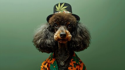 Surreal Poodle Dog in Cannabis Reggae Attire Enjoying Marijuana Herb on Plain Green Background