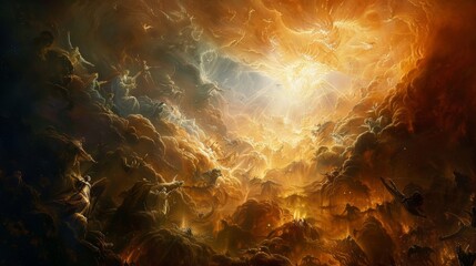 Divine heaven, golden hues and celestial beings above, hellish underworld with fire and torment below, Heaven and Hell religious theme