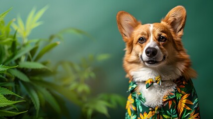 Surreal of a Corgi Dog in Marijuana Reggae Style Clothing on Cannabis Background