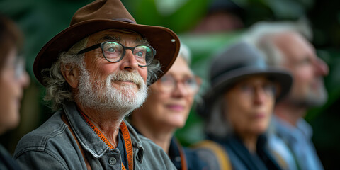 Close-up photo of an elderly tourist, enjoying nature in a tropical forest,