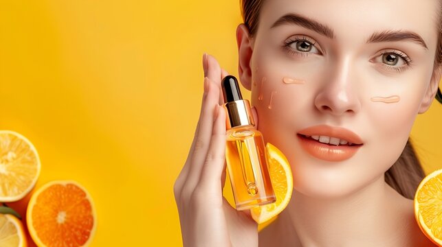 Beauty skincare and serum with face of woman for facial product or self care with morning routine Luxury health and wellness with girl model and cosmetics for collagen vitamin c or ess : Generative AI
