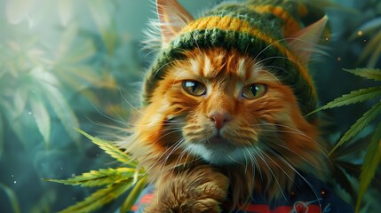 Surreal Ragamuffin Cat Wearing Cannabis Reggae Clothing in Studio Lighting