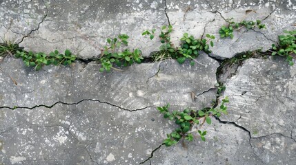 Obraz premium Detailed view of frost heave cracking a concrete path, small garden plants pushing through, raw texture of the sidewalk