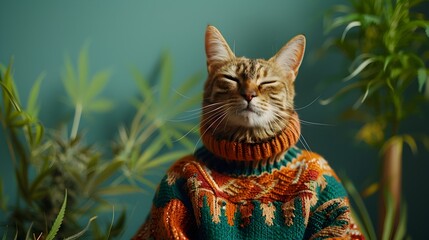 Surreal Tabby Cat in Cannabis Reggae Inspired Attire