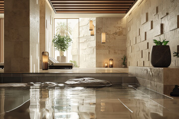 luxury spa resort lobby with water features