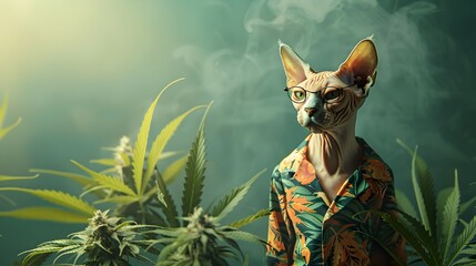 Surreal Sphynx Cat in Marijuana Reggae Style Clothing Amid Cannabis Foliage