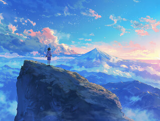 Digital anime style art painting of a boy standing on top of a mountain looking towards another beautiful mountain far away