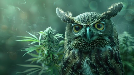 Surreal Owl with Cannabis Inspired Reggae Style Clothing in Green Tone Background
