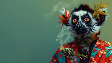 Surreal Lemur Adorned in Cannabis Reggae Attire Amid Verdant Greenery