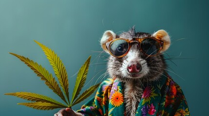 Surreal Opossum Enjoying Cannabis and Reggae Fashion in Serene Studio Setting