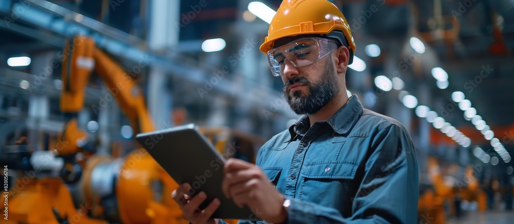 Poster an engineer is studying data on a tablet in a modern factory with a background of industrial robotic