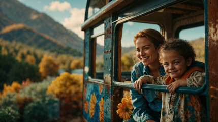 Mother and Child Enjoying Scenic Train Ride Through Mountains