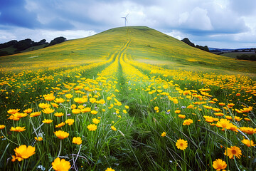 Beautiful rural landscape: yellow flowers covered hill with a wind turbine on top to produce clean renewable energy