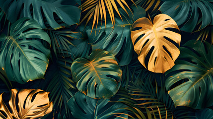 A beautiful pattern of green and gold tropical leaves on a dark background