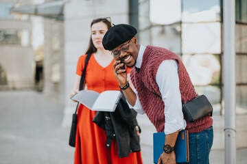 Two businesspeople in an outdoor urban setting engaged in a serious discussion on work related matters.