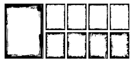 Collection of black paint brush stroke background, grunge overlay frame and torn paper effect. Retro grunge texture with ink splash for social media. Dirty  border pattern art. Crack wall silhouette.