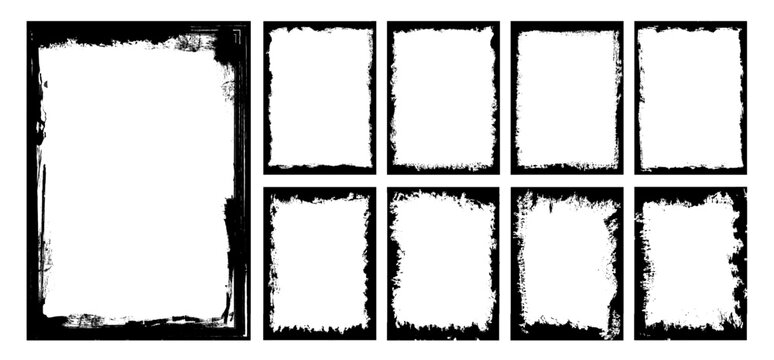 Collection of black paint brush stroke background, grunge overlay frame and torn paper effect. Retro grunge texture with ink splash for social media. Dirty  border pattern art. Crack wall silhouette.