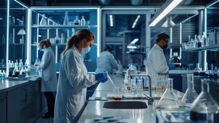 Professional scientists work on experiments in a modern lab with advanced technology and precise equipment. They wear labcoats, gloves, and masks for safety during chemical and biological analysis