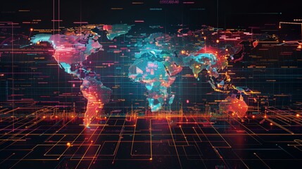 Technological World Map with Glitchy Digital Effects, Reflecting Digital Transformation