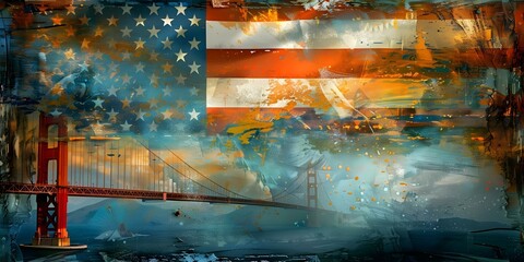 Rustic American flag blends with Golden Gate Bridge in vintage grunge art. Concept Vintage...