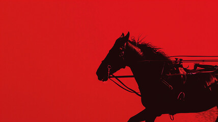A striking silhouette of a galloping horse against a bold red background. The image captures the power and grace of the horse