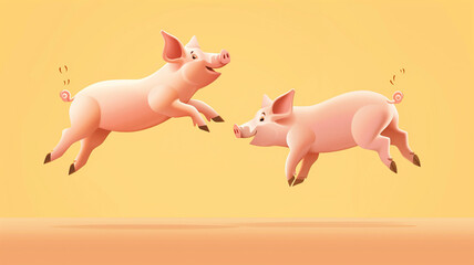 Two cartoon pigs joyfully jump in the air against a soft yellow background. Their expressions are happy and playful