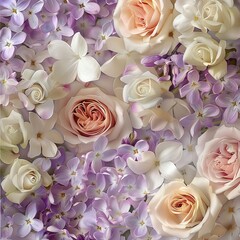 Corner to corner simlpe background with illustration vibrant english roses, jasmine flowers, lilac flowers