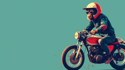 A chimpanzee wearing a helmet, sunglasses, and a denim jacket rides a vintage motorcycle against a teal background. The scene is whimsical and playful