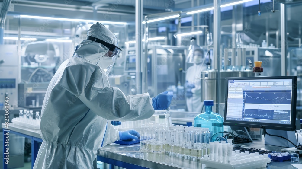 Poster in a modern lab, a researcher in protective gear uses advanced technology for precise data analysis,