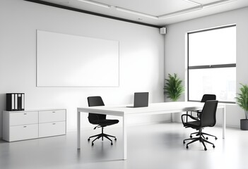 Realistic White office meeting room interior with board, drawer, and window. Mockup wall