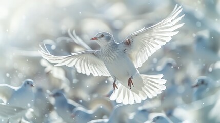 Fototapeta premium Red cardinal prominently contrasts white birds in a flock set against a serene blue background