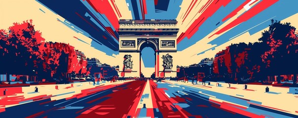 A painting depicting the iconic Eiffel Tower in Paris with red, white, and blue stripes