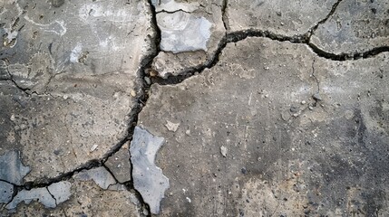 Obraz premium Cracked sidewalk close-up, showing deep fissures and broken cement, texture of the concrete foundation visible