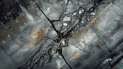 Cracked factory sidewalk from frost heave, captured from above, concrete fragments scattered, intricate details