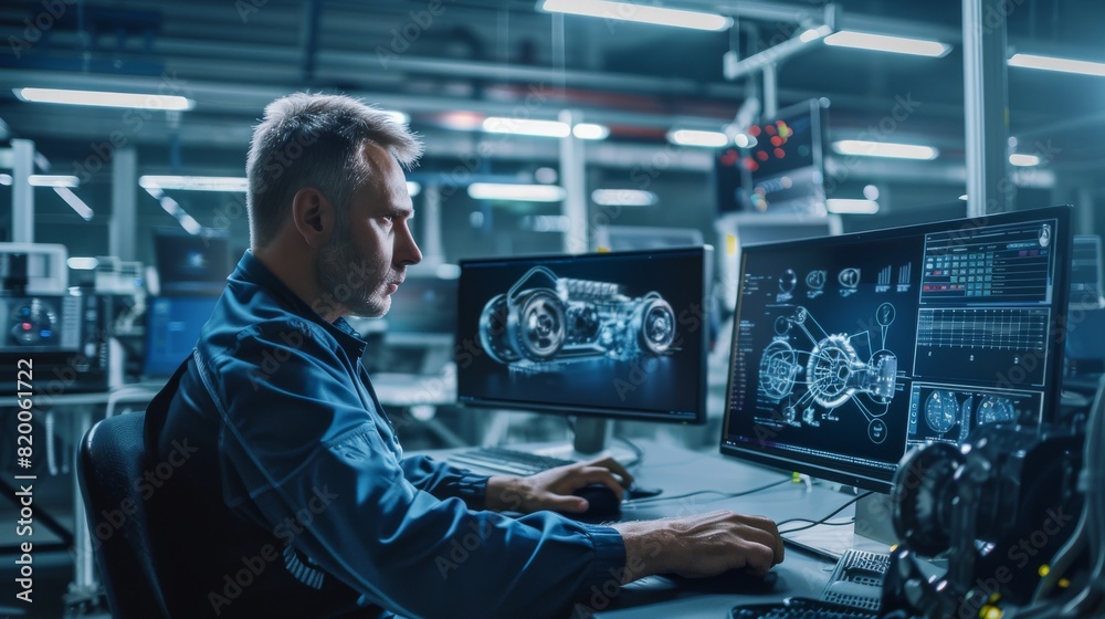 Aufkleber In a stateoftheart facility, a highly skilled engineer utilizes 3D CAD designs and multiple monitors to boost productivity and efficiency in tasks, showcasing precision and innovation