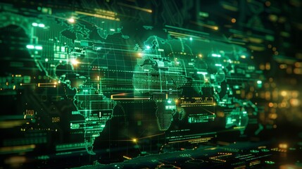 Cyberpunk World Map in Digital Augmented Reality, Illustrating Technological Integration
