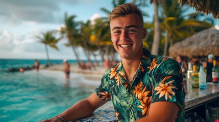 Smiling young man at tropical beach bar