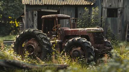 Obraz premium Close-up view of a vintage tractor, heavily used and weathered, next to a dilapidated barn, surrounded by overgrown grass