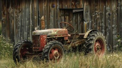 Close-up view of a vintage tractor, heavily used and weathered, next to a dilapidated barn, surrounded by overgrown grass