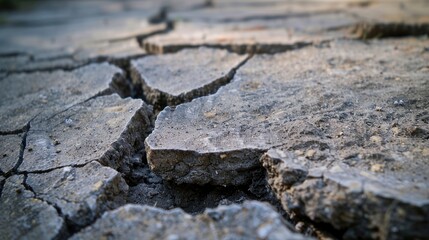 Fototapeta premium Close-up view of a cracked concrete foundation, intricate network of cracks in the cement sidewalk